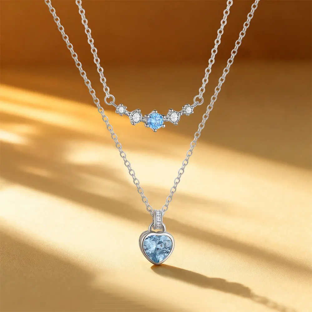 925 Sterling Silver Aquamarine Spinel Heart Curved Bar Necklace 80200518 - image2