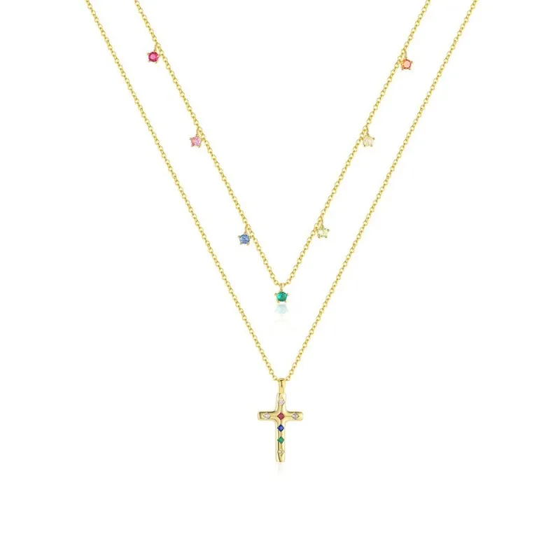 925 Sterling Silver Rainbow CZ Cross Charm Double Chain Necklace 80200522