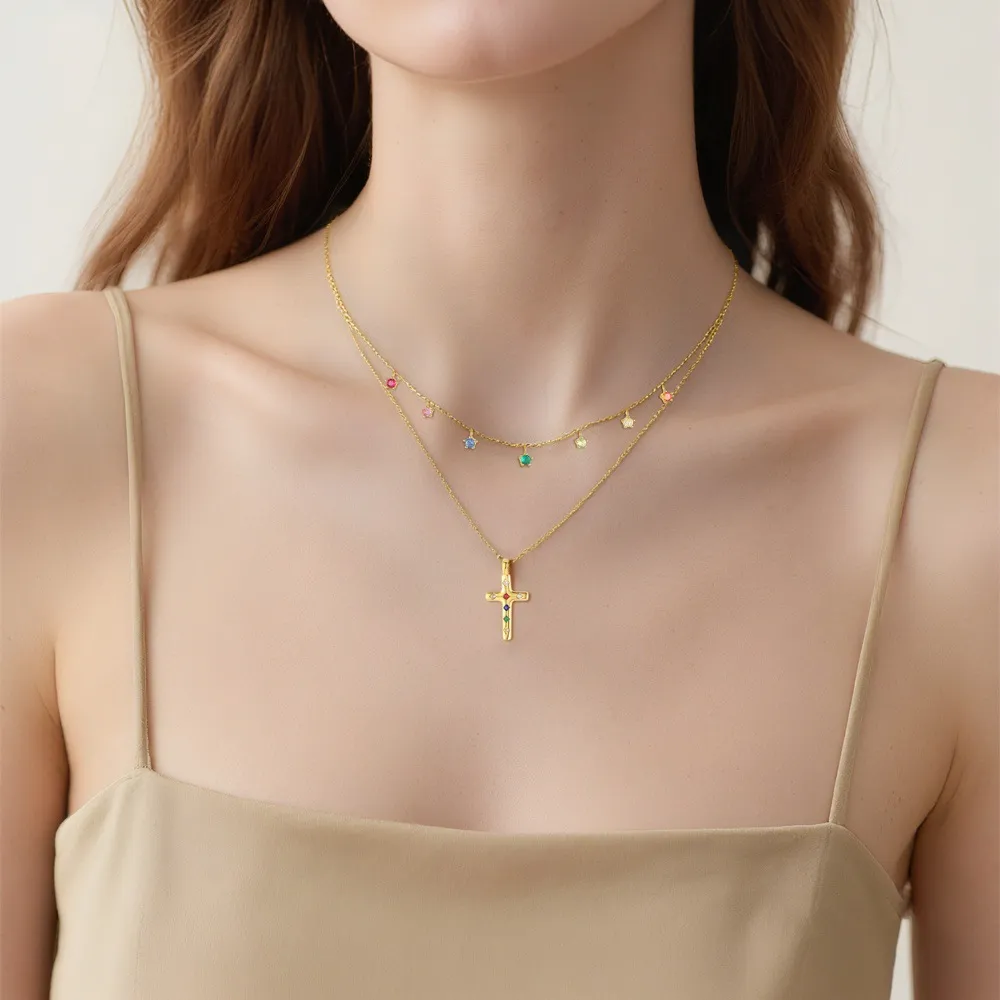 925 Sterling Silver Rainbow CZ Cross Charm Double Chain Necklace 80200522 - image1