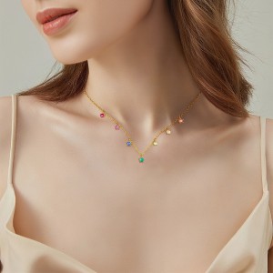 925 Sterling Silver Rainbow CZ Cross Charm Double Chain Necklace 80200522