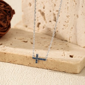 925 Sterling Silver Blue Sideways Cross Necklace 80200539