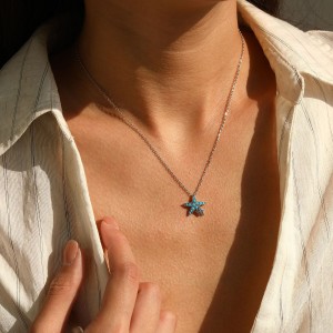 925 Sterling Silver Vintage Turquoise Starfish Necklace 80200541