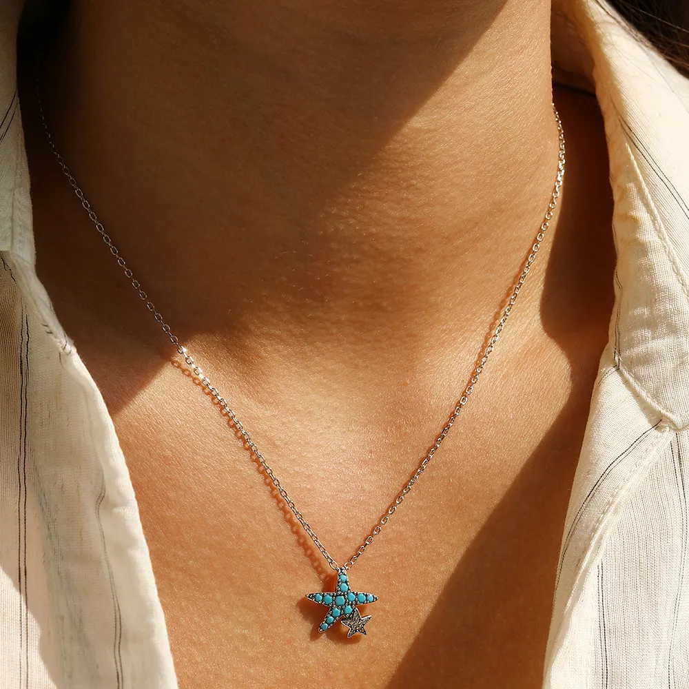 925 Sterling Silver Vintage Turquoise Starfish Necklace 80200541 - image1