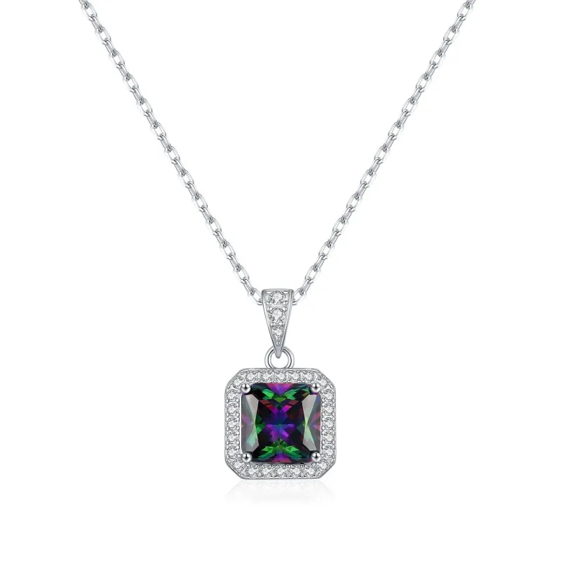 925 Sterling Silver Colorful Cushion Halo Necklace 80200544
