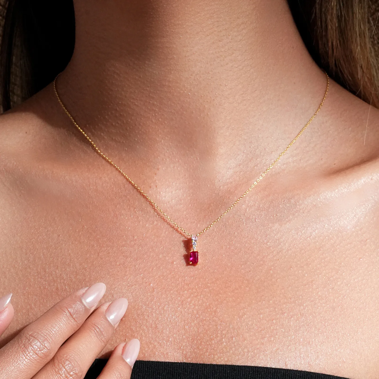 925 Sterling Silver Rose Red Rectangular Necklace 80200545 - image1