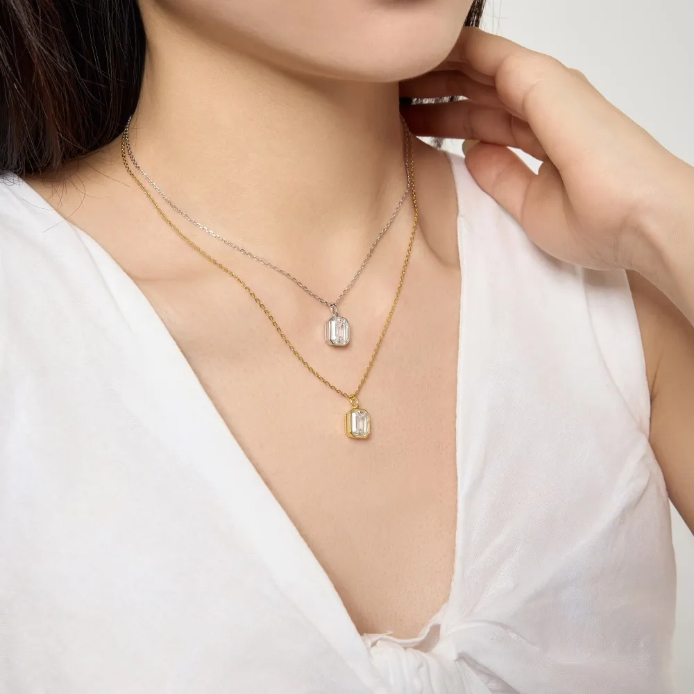 Wholesale 925 Sterling Silver Bezel-Set Emerald-Cut Necklace 80200553 - image1