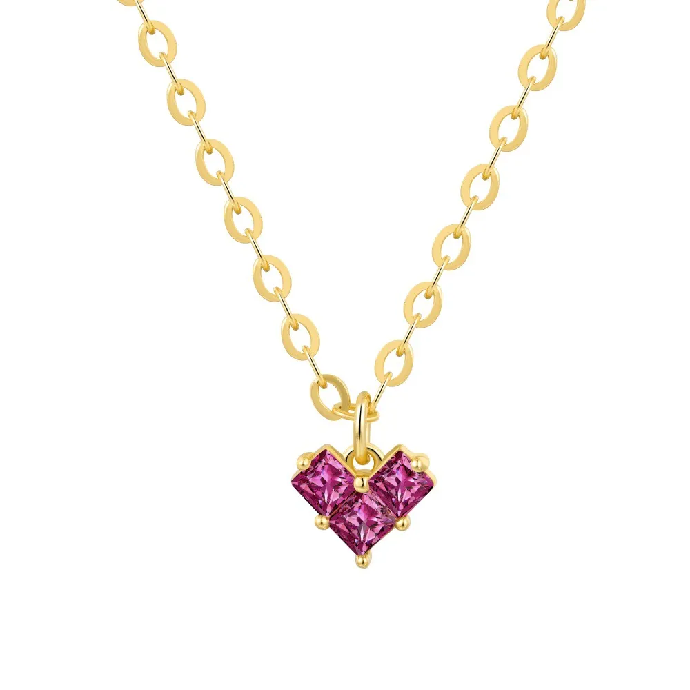Wholesale 925 Sterling Silver Geometric Magenta Heart Necklace 80200562
