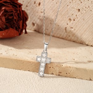 Wholesale 925 Sterling Silver Square Zircon Cross Necklace 80200567