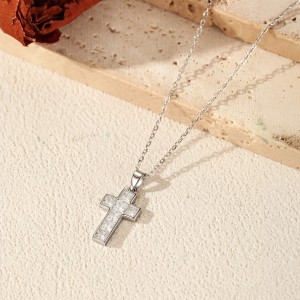 Wholesale 925 Sterling Silver Square Zircon Cross Necklace 80200567