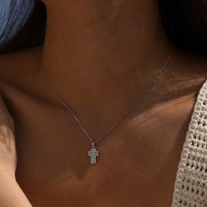 Wholesale 925 Sterling Silver Zircon Halo Cross Necklace 80200568