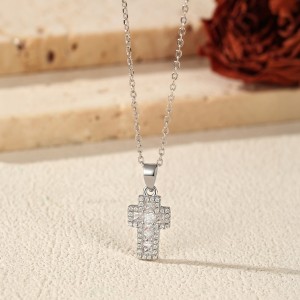 Wholesale 925 Sterling Silver Zircon Halo Cross Necklace 80200568