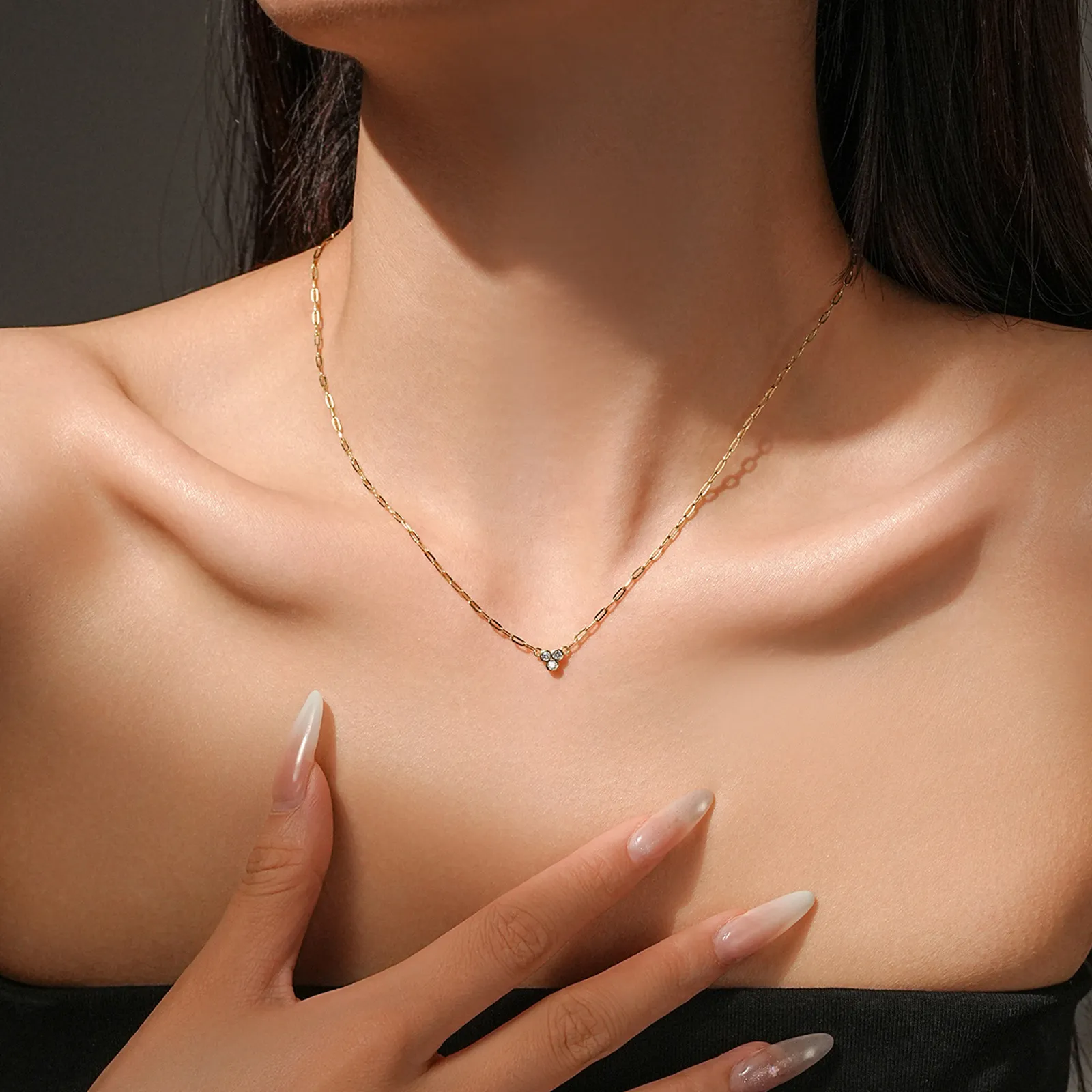 Wholesale 925 Sterling Silver Three Stone Paperclip Chain Necklace 80200569 - image1