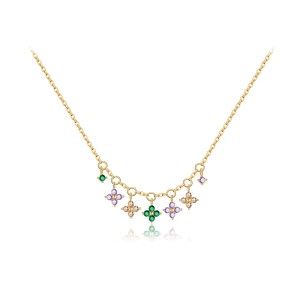 925 Sterling Silver Multi-Color Floral Cluster Necklace 80300018