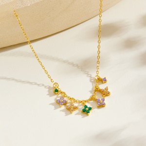 925 Sterling Silver Multi-Color Floral Cluster Necklace 80300018