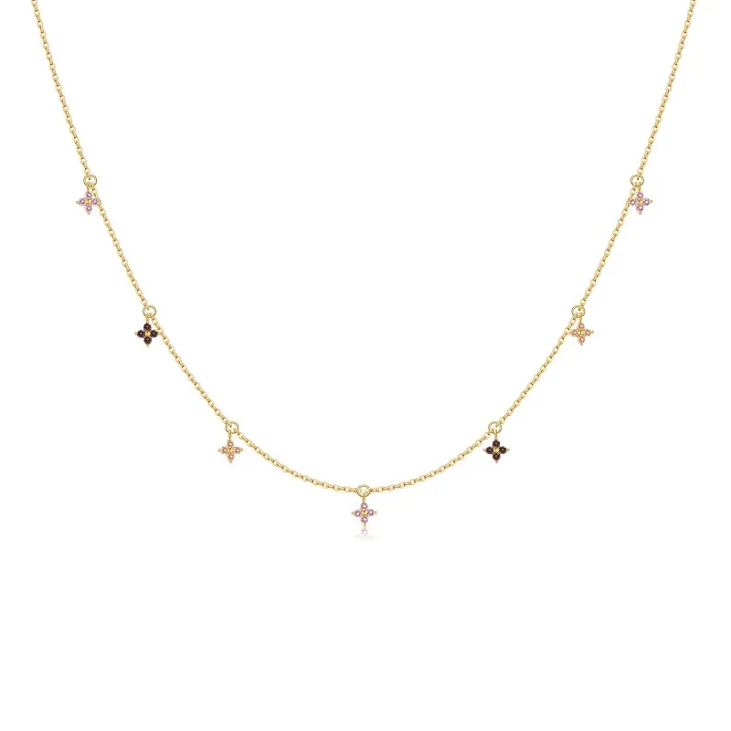 925 Sterling Silver Tri-Color Floral Station Necklace 80300019