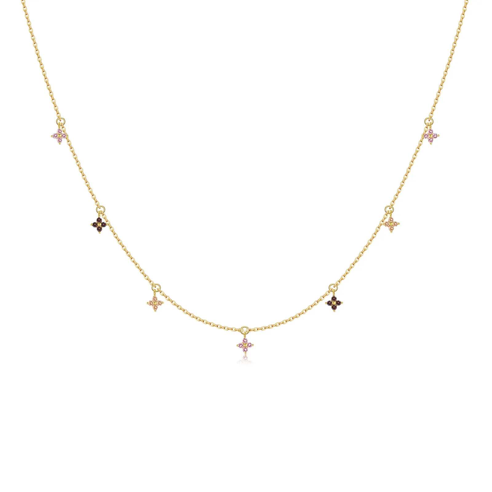 925 Sterling Silver Tri-Color Floral Station Necklace 80300019