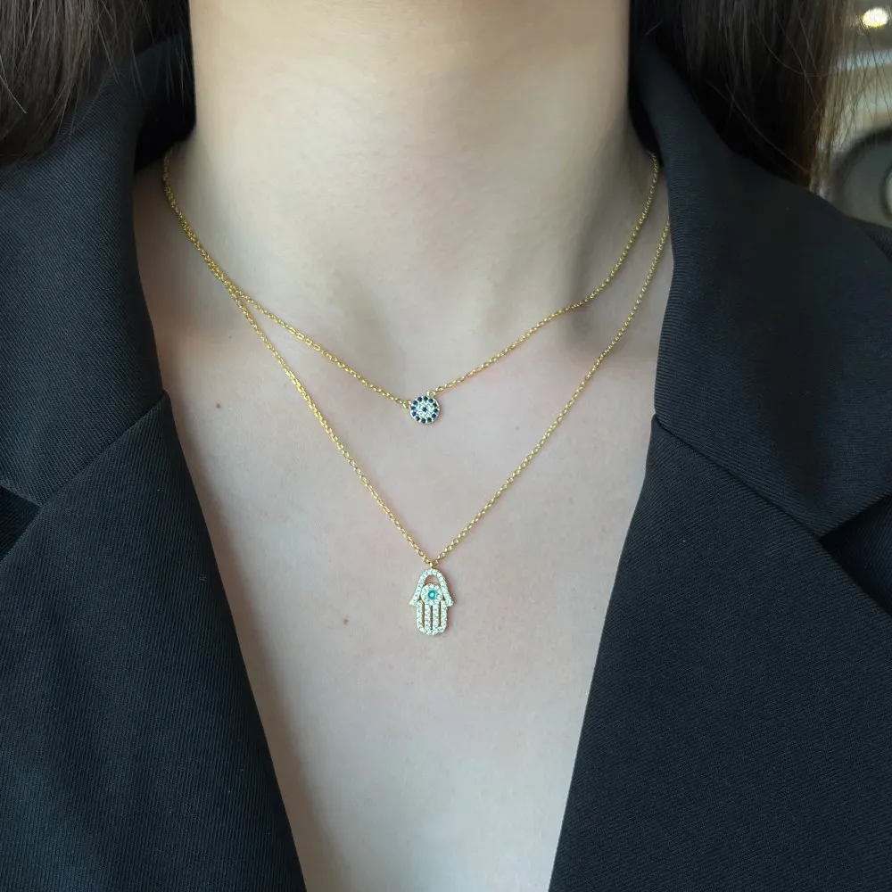 Evil Eye Hamsa Hand Zirconia Pendant Layered Necklace 80400002 - image1