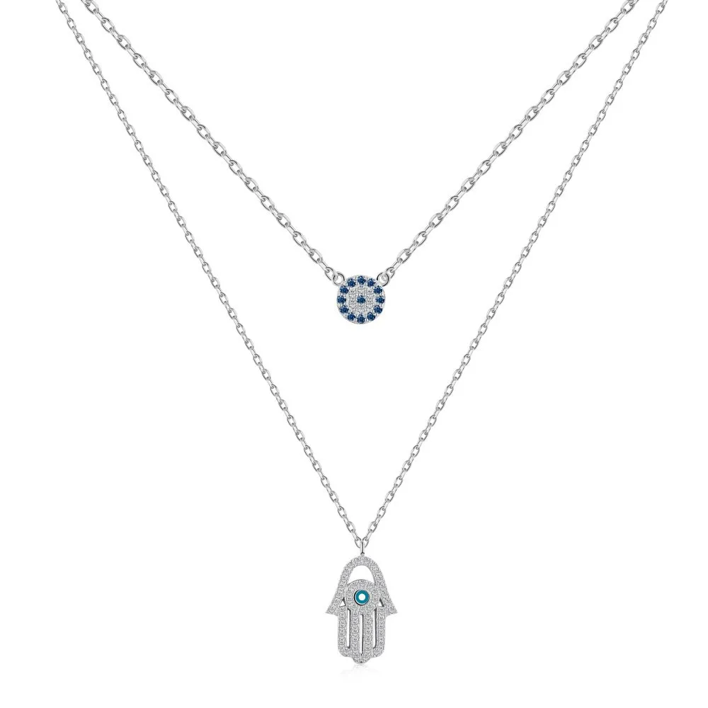 Evil Eye Hamsa Hand Zirconia Pendant Layered Necklace 80400002