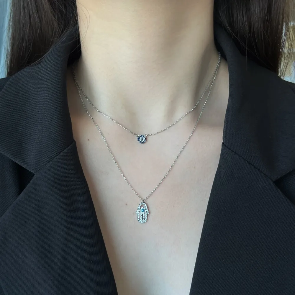 Evil Eye Hamsa Hand Zirconia Pendant Layered Necklace 80400002 - image2