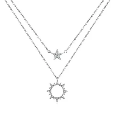 Sun Moon Zirconia Pendant Layered Necklace 80400004