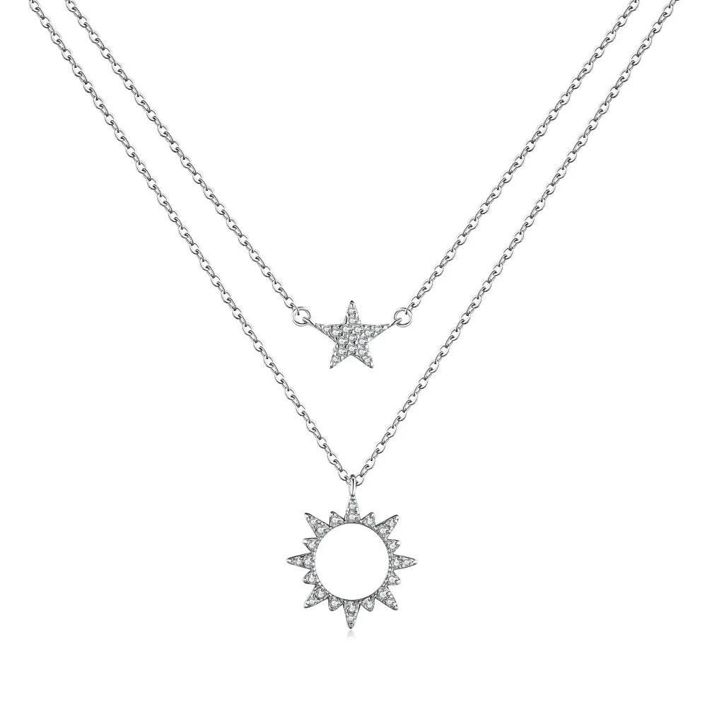 Sun Moon Zirconia Pendant Layered Necklace 80400004