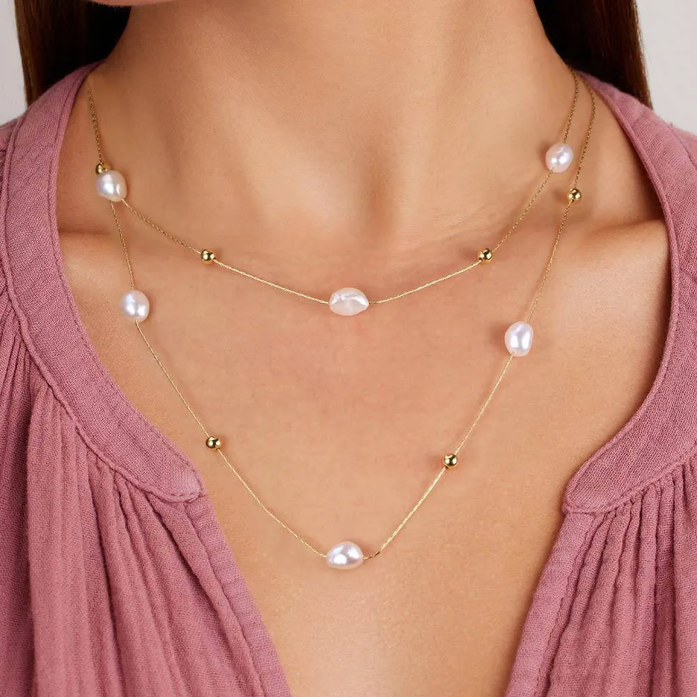 925 Sterling Silver Fresh Water Pearl Layered Chain Necklace 80400006 - image1