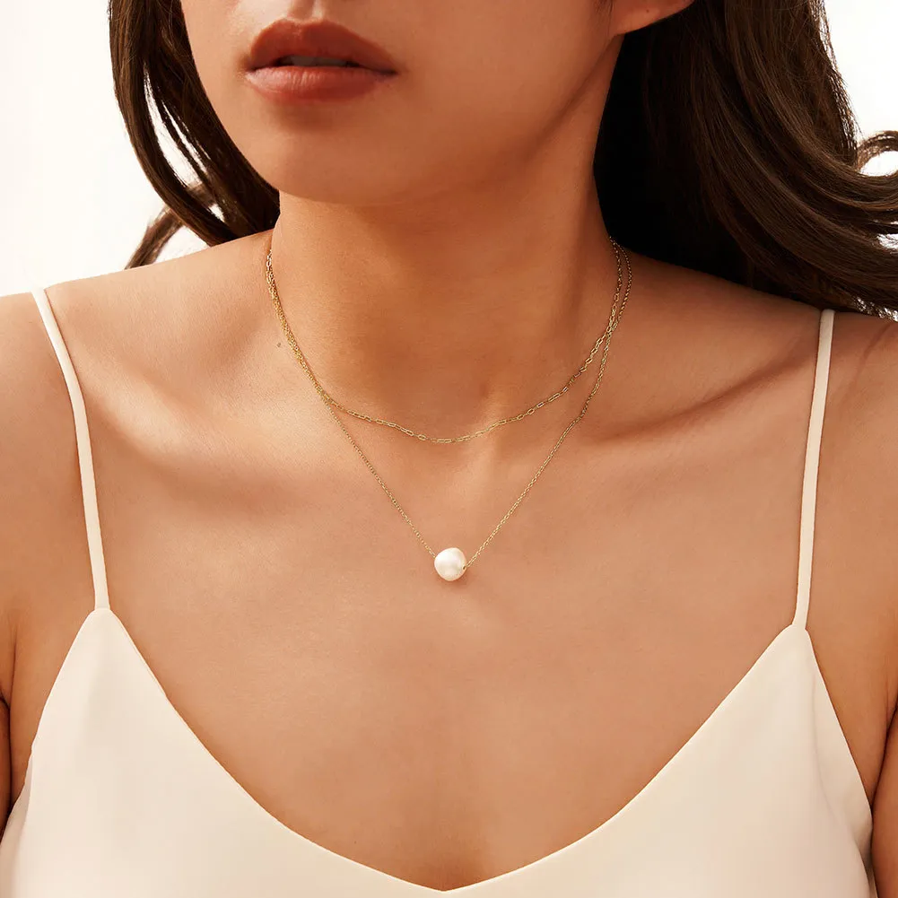S925 Fresh Water Pearl Baroque Layered Chain Necklace 80400007 - image1