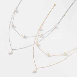 925 Sterling Silver Fresh Water Pearl Layered Chain Necklace 80400008