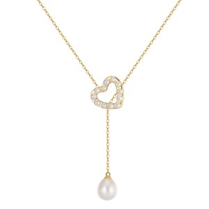925 Sterling Silver Freshwater Pearl Heart Lariat Drop Necklace 80500002