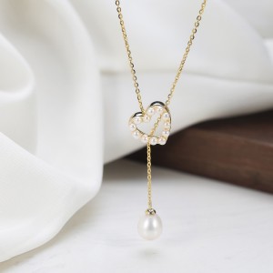 925 Sterling Silver Freshwater Pearl Heart Lariat Drop Necklace 80500002