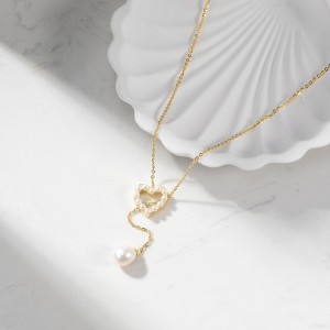 925 Sterling Silver Freshwater Pearl Heart Lariat Drop Necklace 80500002