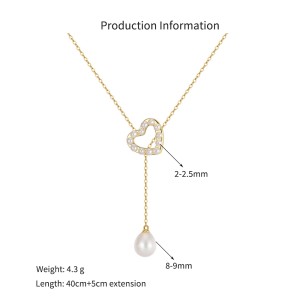 925 Sterling Silver Freshwater Pearl Heart Lariat Drop Necklace 80500002