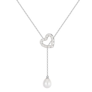 925 Sterling Silver Freshwater Pearl Heart Lariat Drop Necklace 80500002