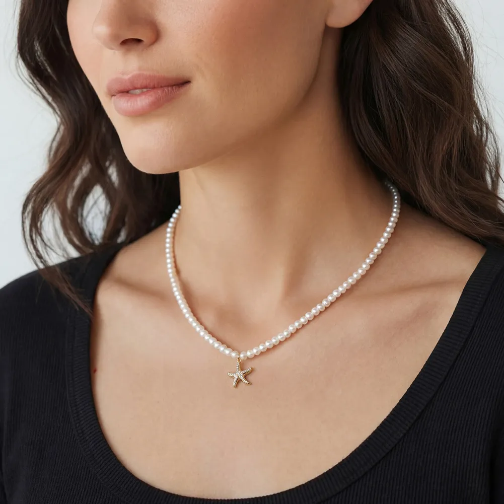 925 Sterling Silver Freshwater Pearl Starfish Pendant Necklace 80500003 - image1