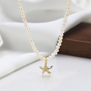 925 Sterling Silver Freshwater Pearl Starfish Pendant Necklace 80500003