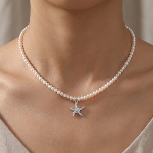 925 Sterling Silver Freshwater Pearl Starfish Pendant Necklace 80500003