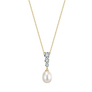 925 Sterling Silver Freshwater Pearl Zircon Drop Necklace 80500008