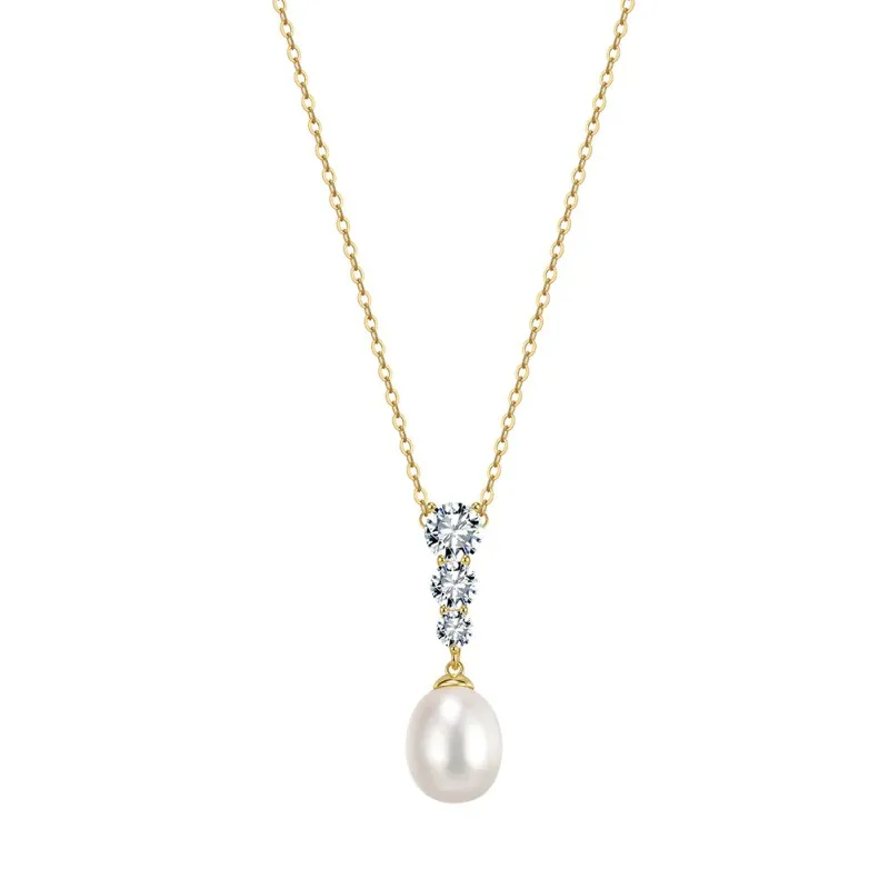 925 Sterling Silver Freshwater Pearl Zircon Drop Necklace 80500008