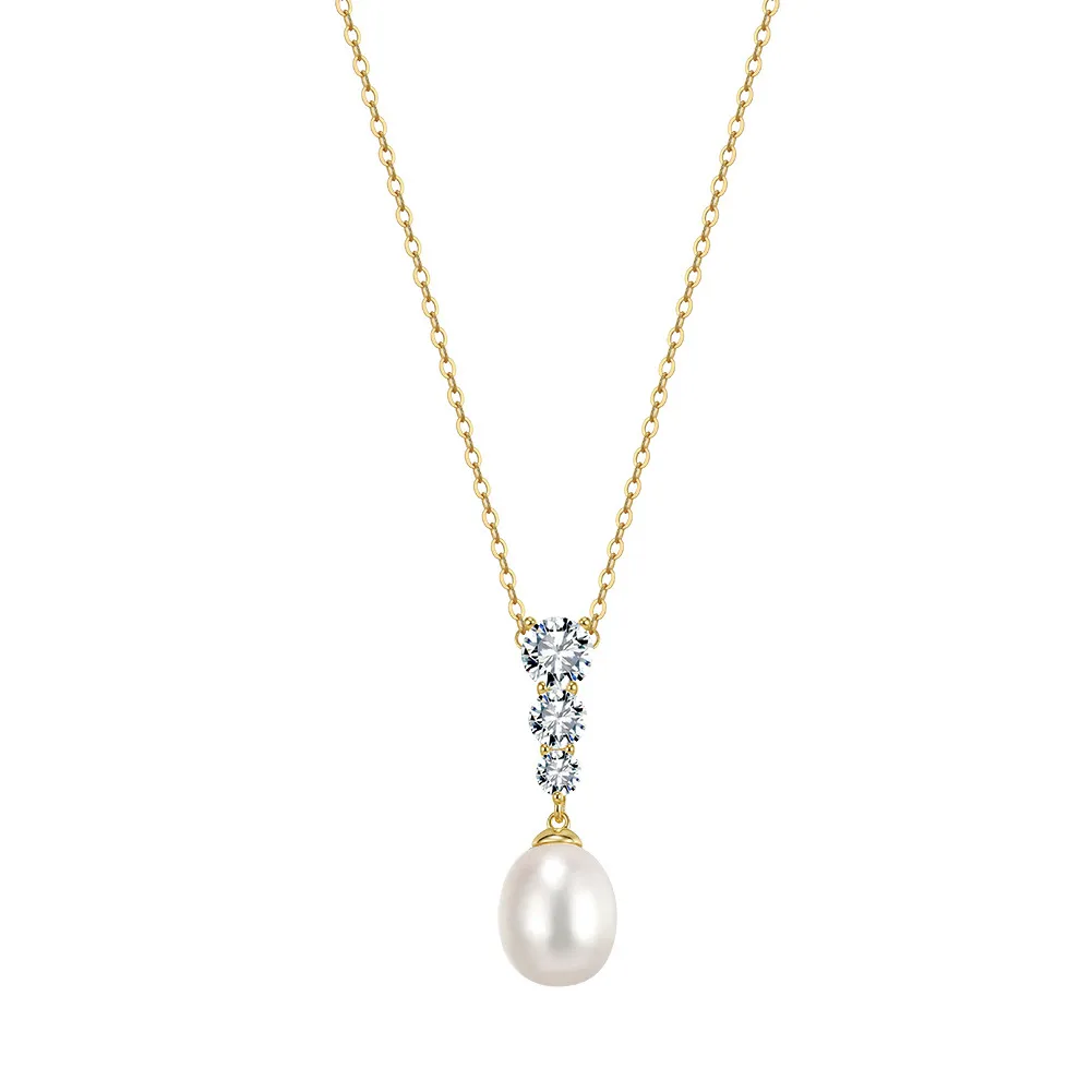 925 Sterling Silver Freshwater Pearl Zircon Drop Necklace 80500008