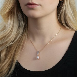 925 Sterling Silver Freshwater Pearl Zircon Drop Necklace 80500008