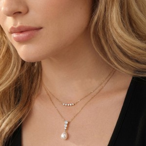 925 Sterling Silver Freshwater Pearl Zircon Drop Necklace 80500008