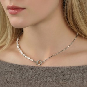 925 Sterling Silver Asymmetrical Pearl Collarbone Necklace 80500010
