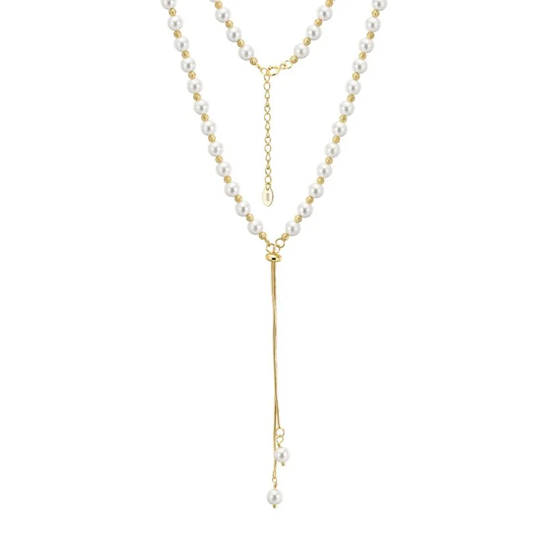 925 Sterling Silver Adjustable Pearl Lariat Tassel Necklace 80500011