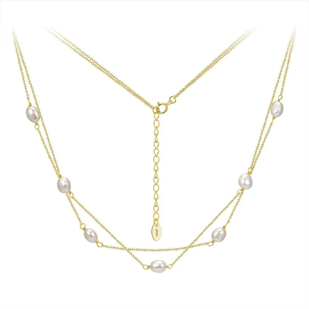 925 Sterling Silver Double Layer Freshwater Pearl Choker Necklace 80500012