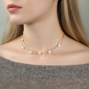 925 Sterling Silver Double Layer Freshwater Pearl Choker Necklace 80500012