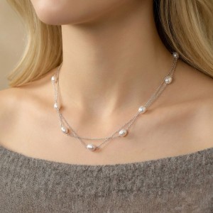 925 Sterling Silver Double Layer Freshwater Pearl Choker Necklace 80500012