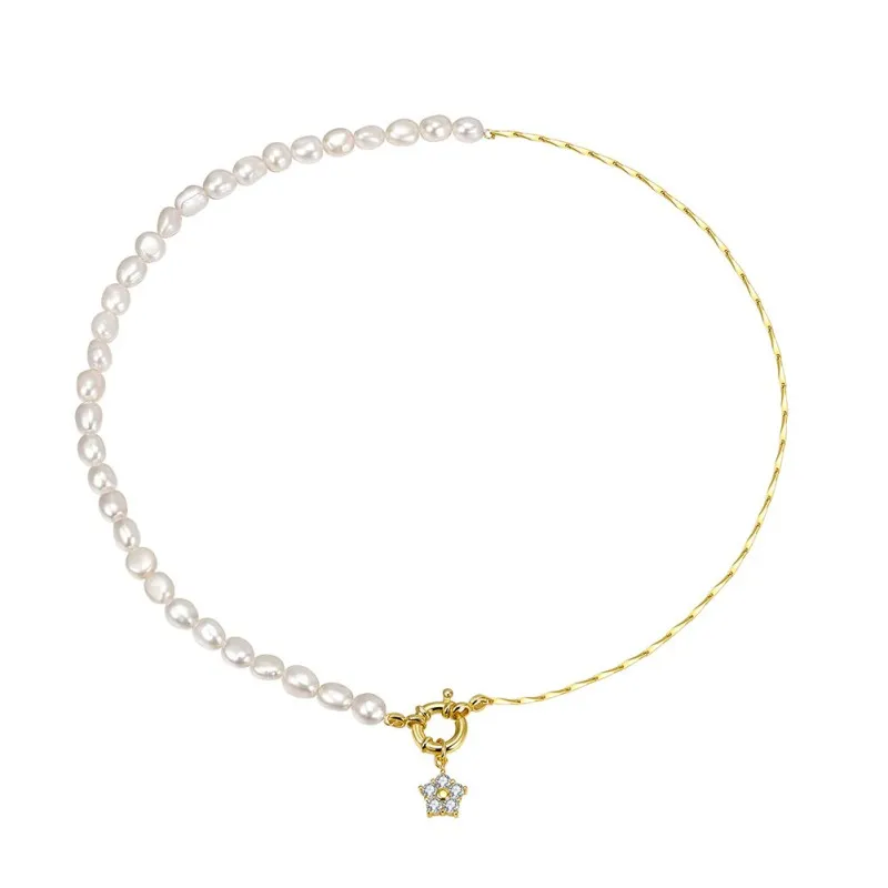 925 Sterling Silver Asymmetrical Pearl Star Pendant Necklace 80500013