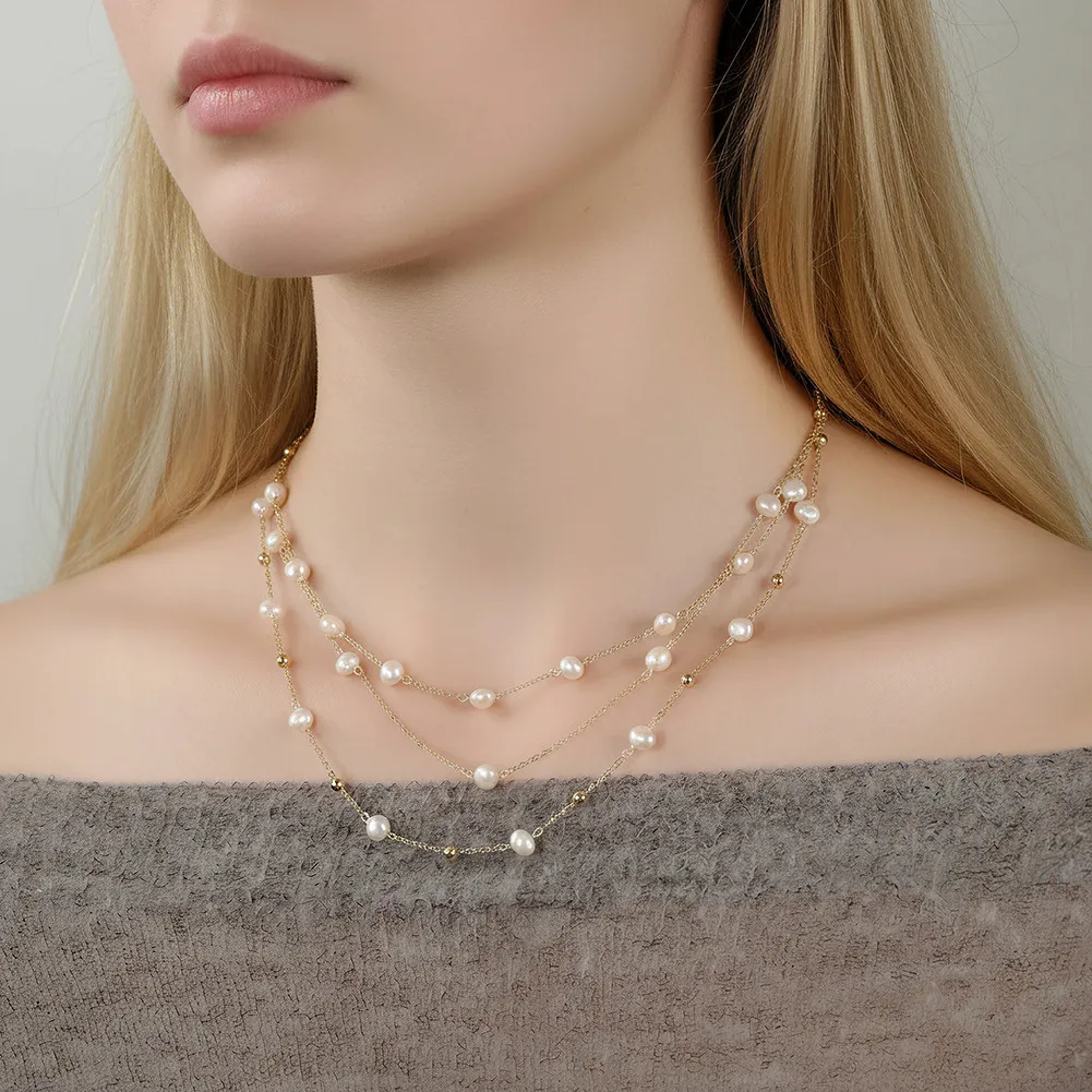 925 Sterling Silver Multi-Layer Pearl Station Necklace 80500015 - image1