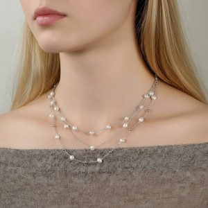 925 Sterling Silver Multi-Layer Pearl Station Necklace 80500015 925 Sterling Silver Multi-Layer Pearl Station Necklace 80500015