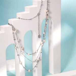 925 Sterling Silver Multi-Layer Pearl Station Necklace 80500015 925 Sterling Silver Multi-Layer Pearl Station Necklace 80500015